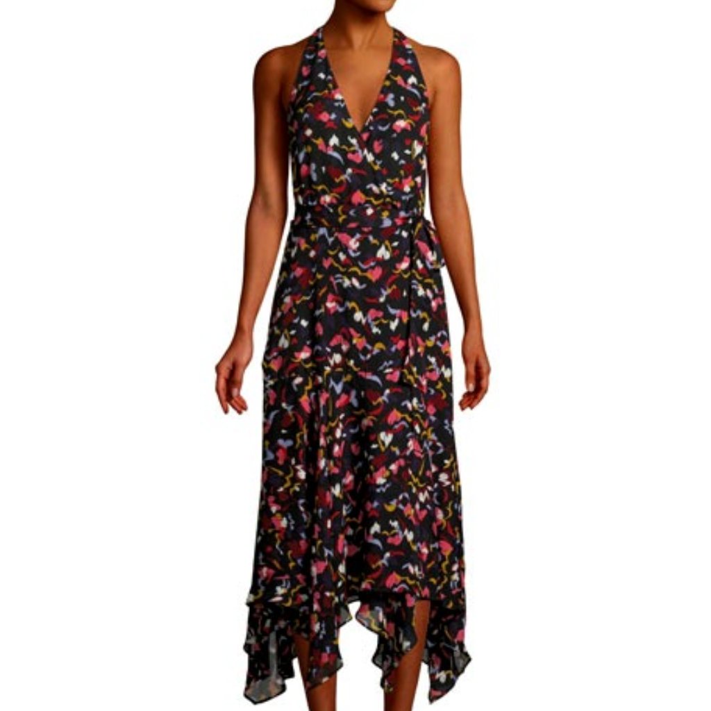 A.L.C. Roslyn Hearts Silk Midi Handkerchief Hem Wrap Dress Size: M | Us 6